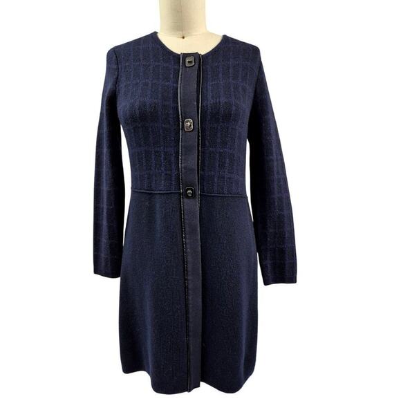 Tory Burch $598 Navy Wool Alpaca Windowpane Knit Long Sweatercoat Cardigan Sz L - Picture 1 of 7